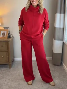 Women red turtleneck sweatshirt and wide leg pants casual two piece lounge outfit set new