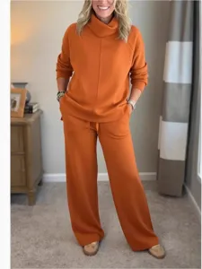 Women fall winter casual solid color turtleneck sweatshirt and loose wide leg lounge pants set