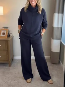 2025 autumn winter women solid color turtleneck sweatshirt and wide leg pants set