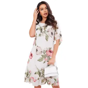 Robe midi manches courtes à motif floral pour femmes élégante tenue décontractée blanche