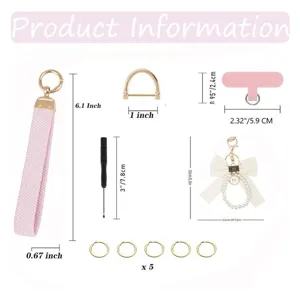 Detailed product diagram showing pearl bow keychain, pink wristlet strap and sizes.