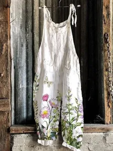 Women summer casual floral print linen wide leg jumpsuit vintage sleeveless overall outfit.