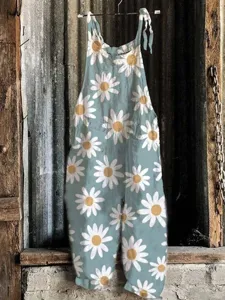 Detailed view of the cute floral printed casual women's jumpsuit with daisy pattern.