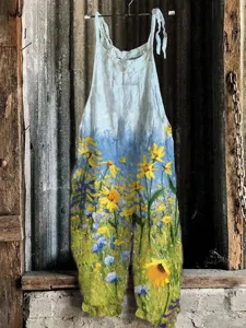 Vintage floral print sleeveless cami jumpsuit, casual summer wide leg overall for women.