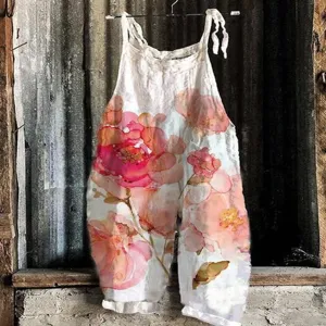 Summer floral print sleeveless wide-leg jumpsuit detail, stylish retro casual women apparel.