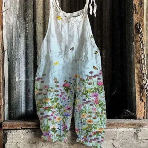 Women summer floral print overall jumpsuit casual vintage wide leg sleeveless romper cami