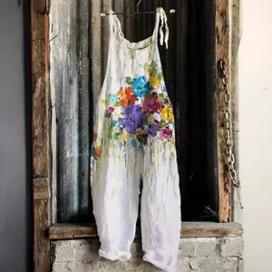 Women boho floral print linen jumpsuit casual loose wide leg overalls summer romper