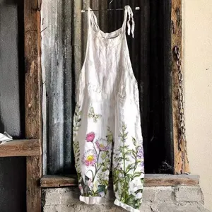 Women Summer Botanical Floral Print Wide Leg Jumpsuit Casual Loose Sleeveless Spaghetti Strap Overalls