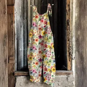 Summer floral print vintage wide leg women jumpsuit sweet sleeveless causal strap romper
