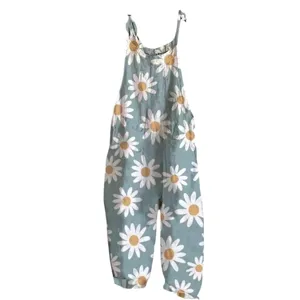 Casual women summer daisy print wide leg overall sleeveless sweet vintage stylish apparel jumpsuit