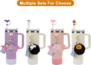 Vaso térmico de acero inoxidable con colgante de peluche, funda de pajita y estuche de pintalabios.