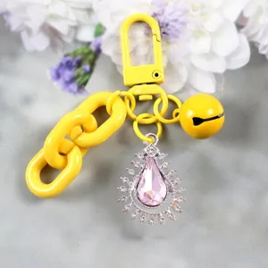 Colorful yellow plastic chain keychain with pink teardrop crystal pendant bag charm accessory