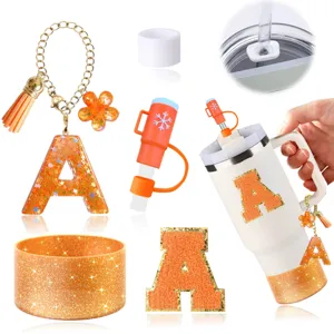 Set accessori per bicchieri ciondolo lettera glitter arancione copertura in silicone