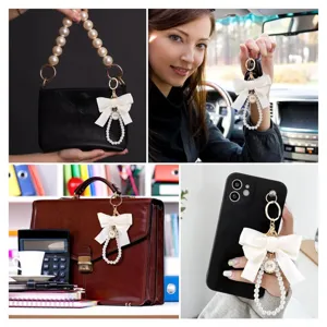 Llavero de lazo de perlas blanco colgante bolso accesorio para teléfono de mujeres uso diario