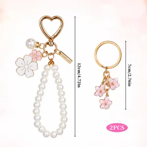 Cute pearl keychain set with pink flower charms and faux pearl chain gold 2pcs size guide