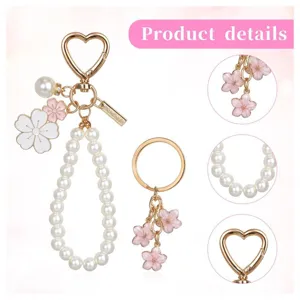 Cute pink cherry blossom pearl keychain set with gold heart clasp for women and girls daily use.