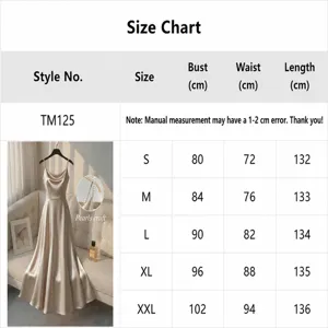 Size chart and measurements details for elegant slip dress, showing bust, waist, and length specs.