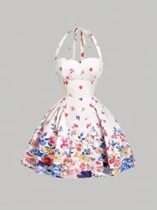 Vintage floral halterneck summer dress sleeveless backless A-line beach party dress new
