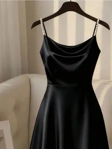 Elegant black satin slip dress with pearl straps cowl neck midi evening party dress women