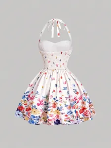 Women floral print halter mini dress sweet summer beach vacation cute party apparel details