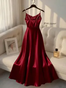 Elegant burgundy satin slip dress with handmade beaded straps and side zipper detail.