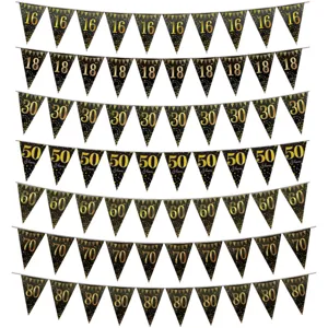 Black Gold Birthday Number Triangular Bunting Banner Paper Pennant Garland For 16th 18th 30th 40th 50th 60th 70th 80th Party Decoration