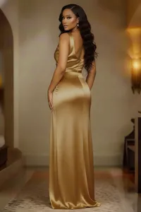 Sleeveless high-waisted slim satin long dress detail showcasing elegant drapery.
