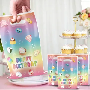Colorful plastic party favor bags with cute kawaii food designs, ideal for birthday candy gifts.