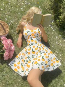 Women Summer Lemon Print Halter Neck Dress Beach Vacation Casual Sundress Fashion