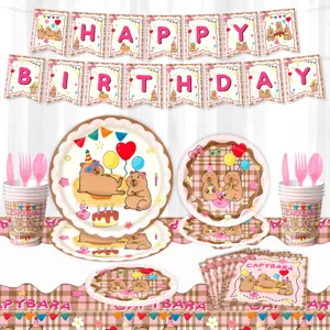 Cute capybara theme birthday party supplies set including banner plates cups and napkins.