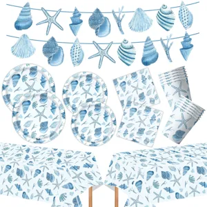 Details zu blauen Muschel Partyartikeln, Sternchen-Tellern, Servietten und Tischdeko Design.
