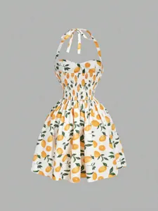 Women Lemon Print Halter Dress Summer Beach Sundress Smocked Waist Flare Party Dress
