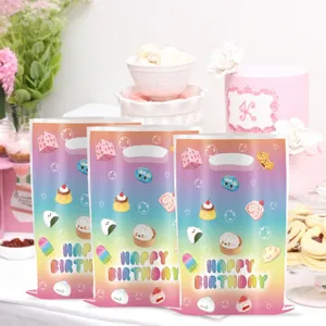 Rainbow gradient birthday party goodie bag detail view, cute kawaii food cartoon design style.