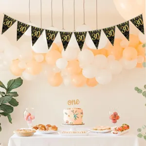 Black and gold 30th birthday pennant banner party hanging flags celebration decoration supplies.