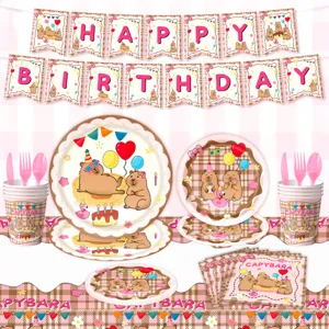 Cute capybara birthday party supplies set with banner plates cups napkins for kids celebration