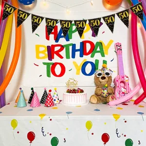 Black gold 50th birthday triangle banner party decoration set for happy celebration party backdrop.