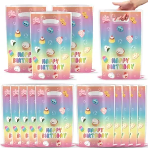 Birthday party gift bags with cute food cartoon patterns, plastic goodie bags for kids.