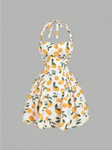 Women Summer Halter Neck Lemon Print Casual Beach Dress Vintage A-Line Short Party Dress