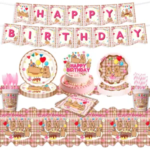 Cute capybara birthday party supplies set with banners plates cups napkins and cake decor.