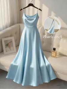 Elegant silk slip dress with pearl straps, solid color cowl neck evening gown for women.