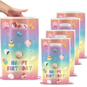 Rainbow pastel birthday gift bags with cute kawaii food designs, perfect for party favors.