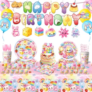 Buntes Brötchen Party Set mit Tischdecke, Papptellern, Bechern, Luftballons und Girlande.