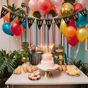 Black and gold 18th birthday party banner triangle flags decoration set for celebration.