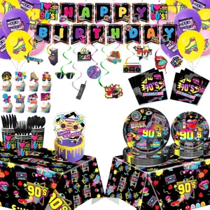 Set De Artículos De Fiesta Años 90 Retro Neón Cumpleaños Pancarta Platos Manteles