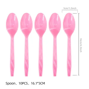 Pink plastic spoons set of 10 pieces, disposable tableware for party celebration supplies.