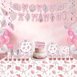 Rosa Muschel Thema Party Zubehör Set Einweggeschirr Teller Banner und Luftballons