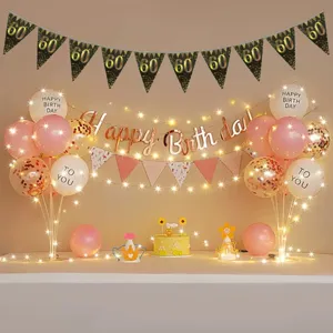 Black Gold 60th Birthday Party Decoration Set With Banner Balloons And Lights