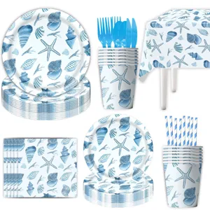 Blaues Muschel Design Party Geschirr Set mit Tellern Bechern Servietten und Tischdecke fuer Feiern