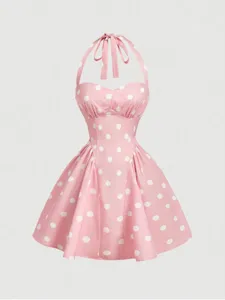 Women vintage pink polka dot halter mini dress sweet beach vacation party sundress.