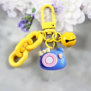 Cute blue bear camera keychain with yellow chunky chain and bell DIY bag charm accessory